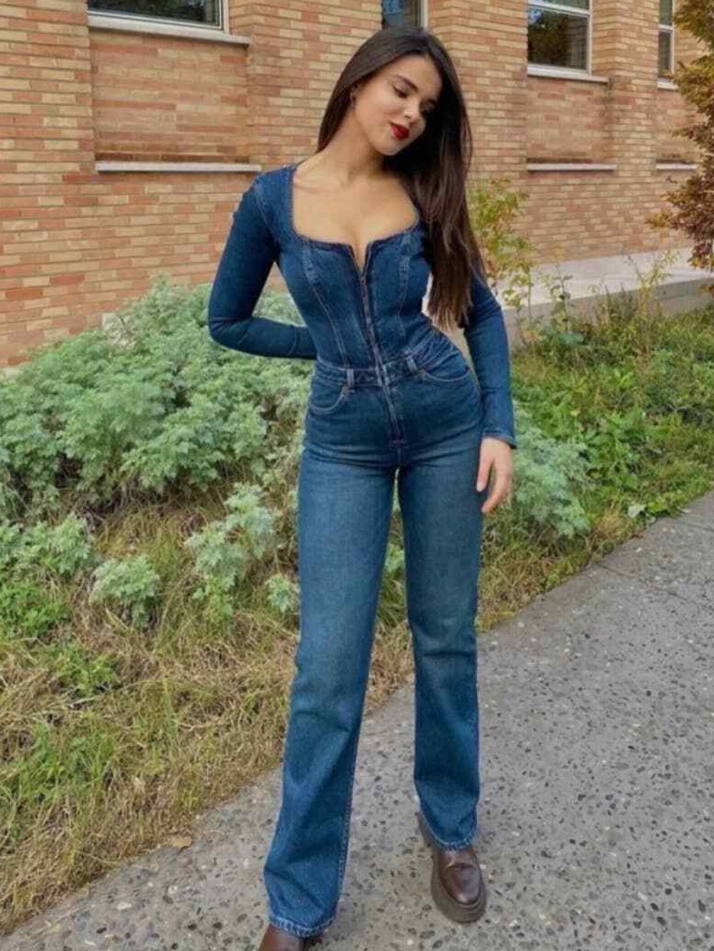 Zara Denim Jumpsuit Long Sleeve Dark Wash Sz M